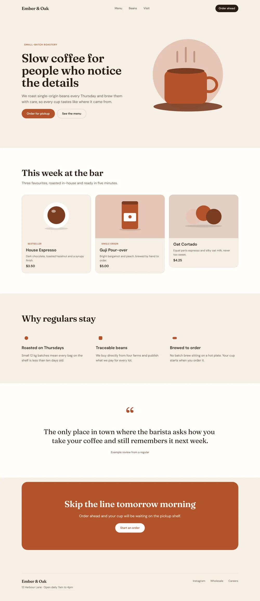 Ember and Oak coffee shop landing page, with warm colors, product cards and a clear call to action