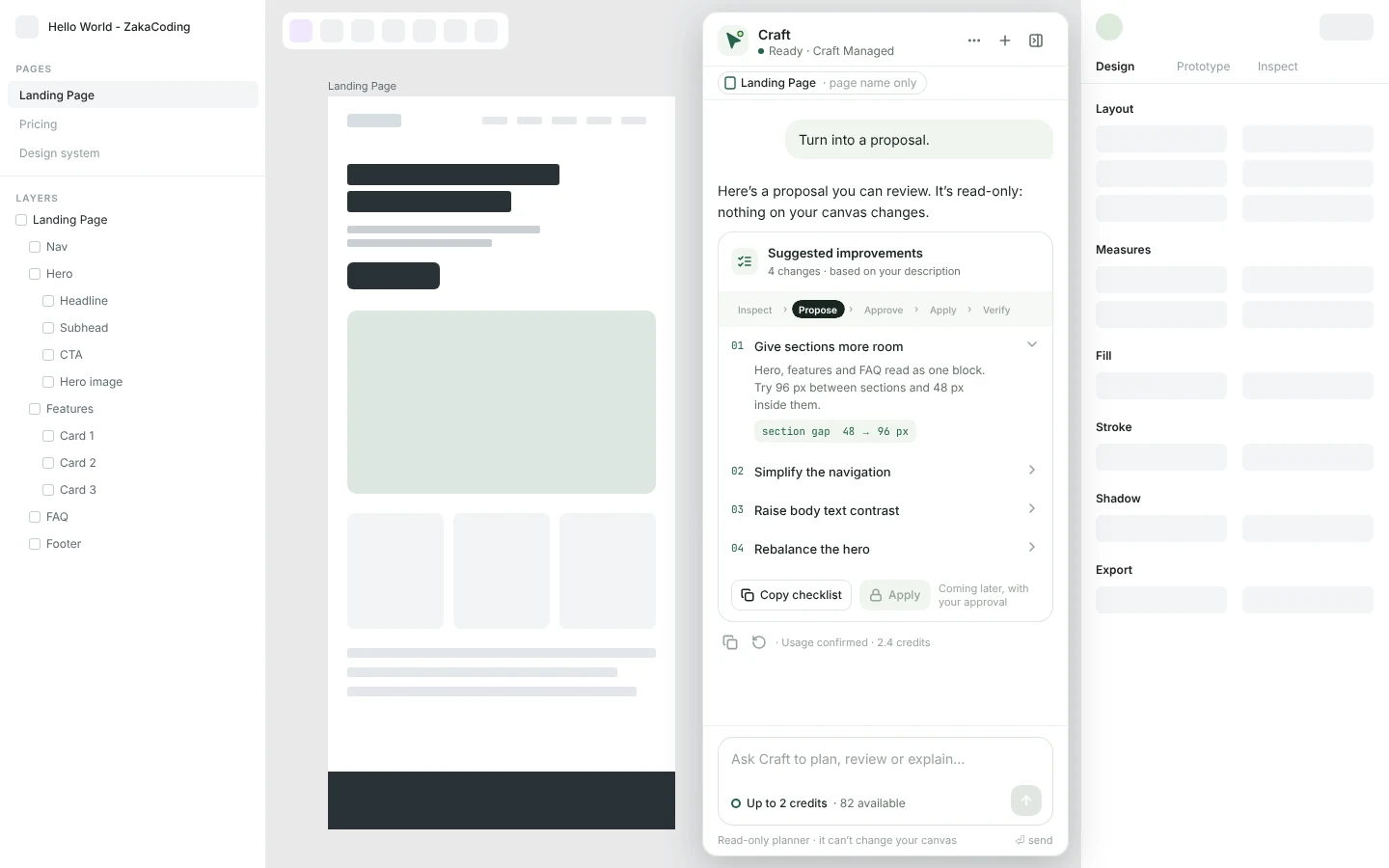 Craft panel beside a landing-page canvas, showing a proposal and the review workflow