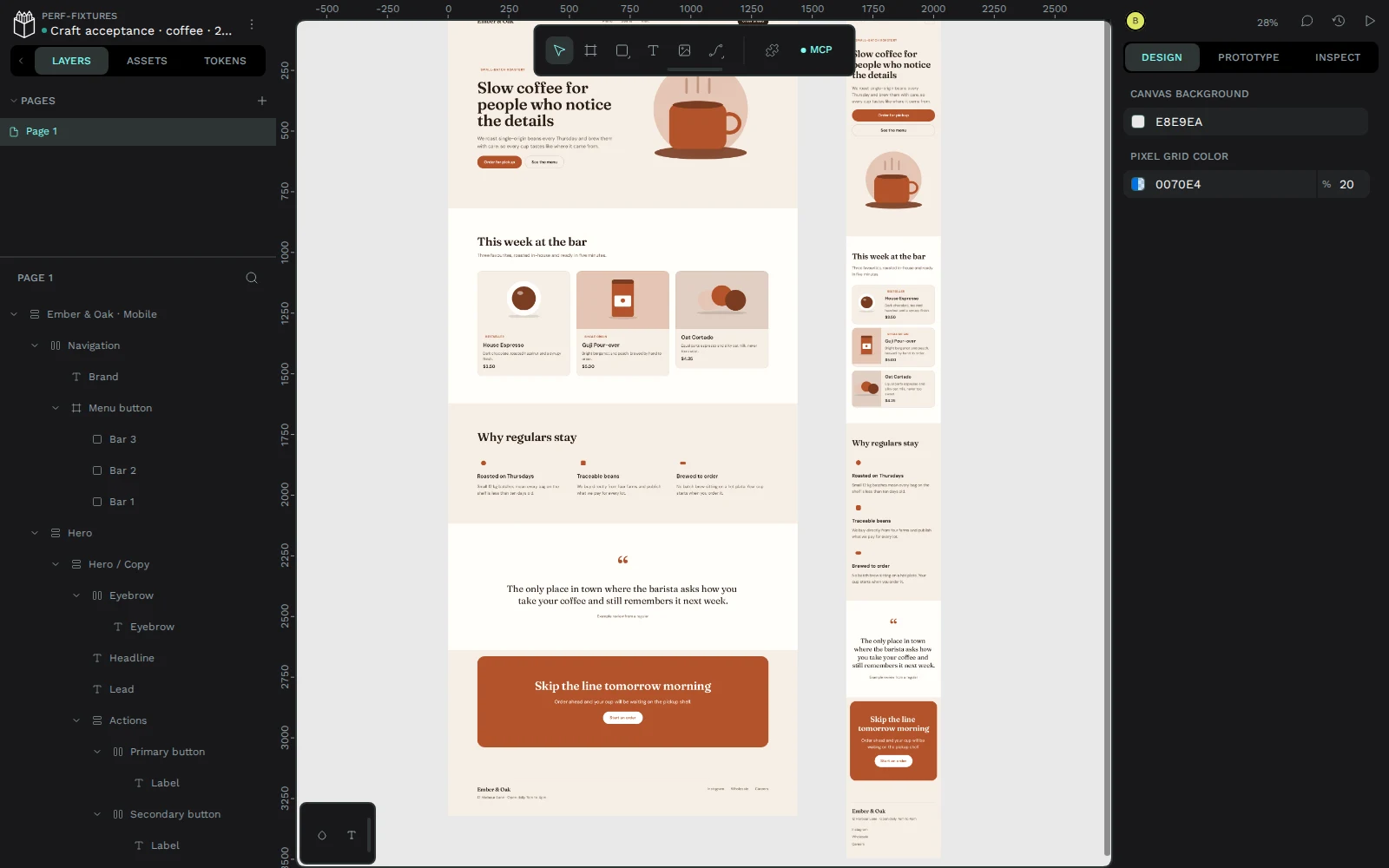 Actual Penpot editor showing Craft-created desktop and mobile boards beside an editable native layer tree