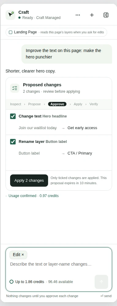 Craft proposes headline and layer-name changes with individual approval checkboxes